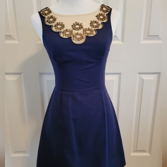 Lilly Pulitzer Navy Gold Beaded Fit And Flare Dress In Size 00 - Picture 3 of 7